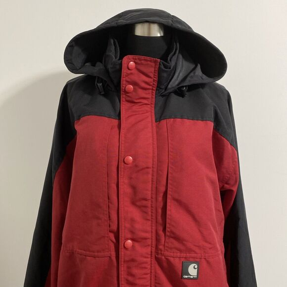 Carhartt Jacket Men's XL Red Black J105 Mesh Lined Hooded Nylon Color Block Coat - Picture 7 of 10